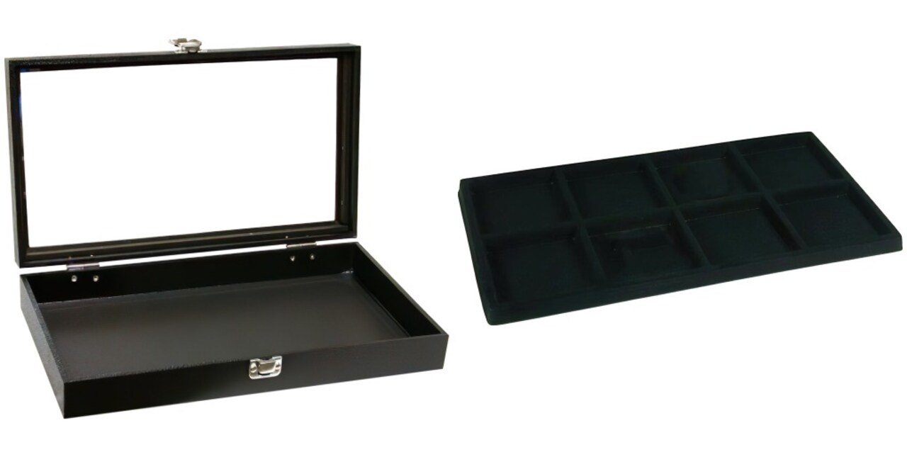 Black Glass-top Jewelry Case (Single metal latch) w/ Black 8-slot Plastic Tray